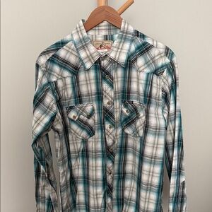 Wrangler Men's Plaid Shirt in Teal and White Cowboy cut